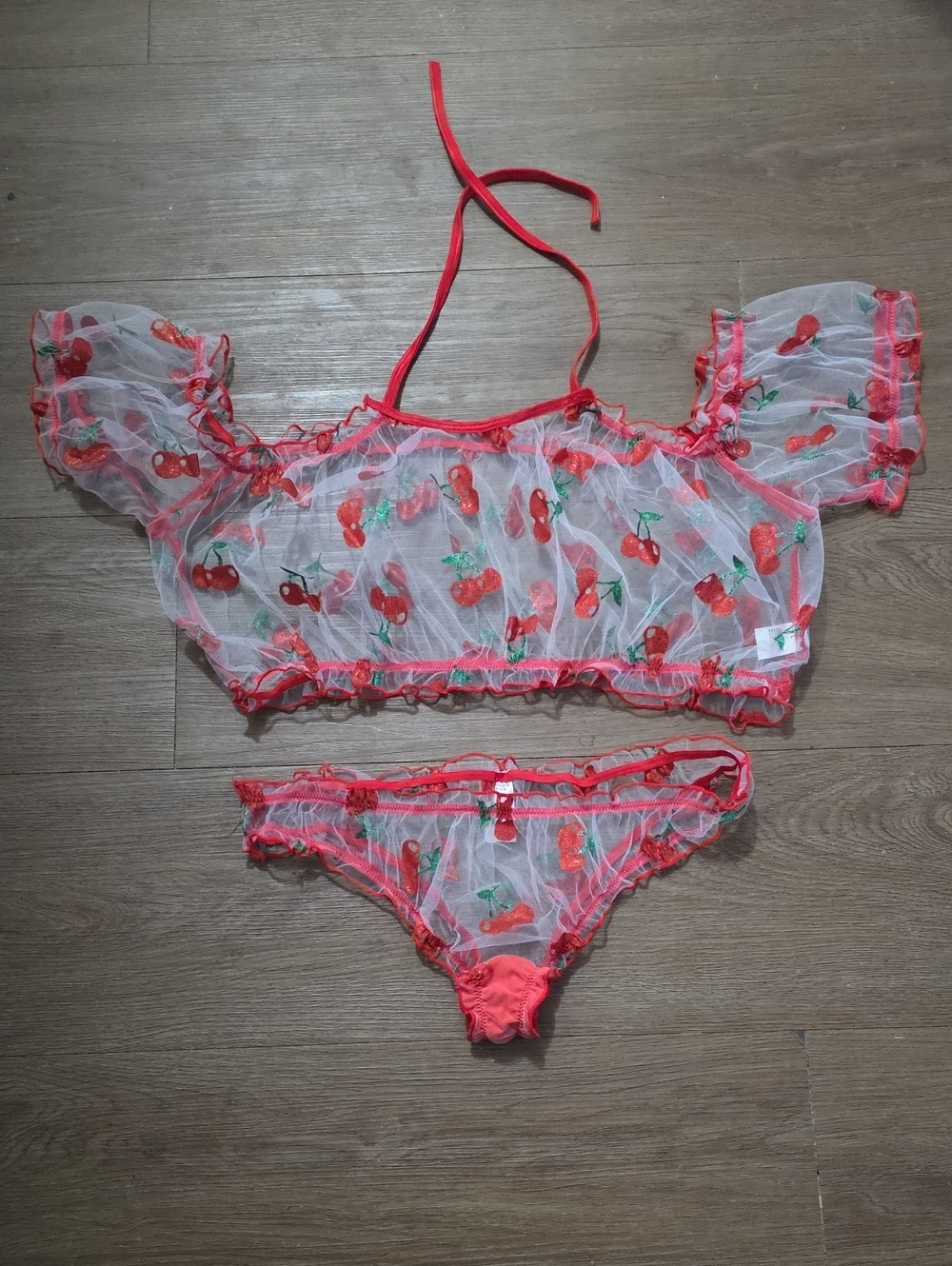 Sheer Cherry Print Crop Top & Bikini Set - Red